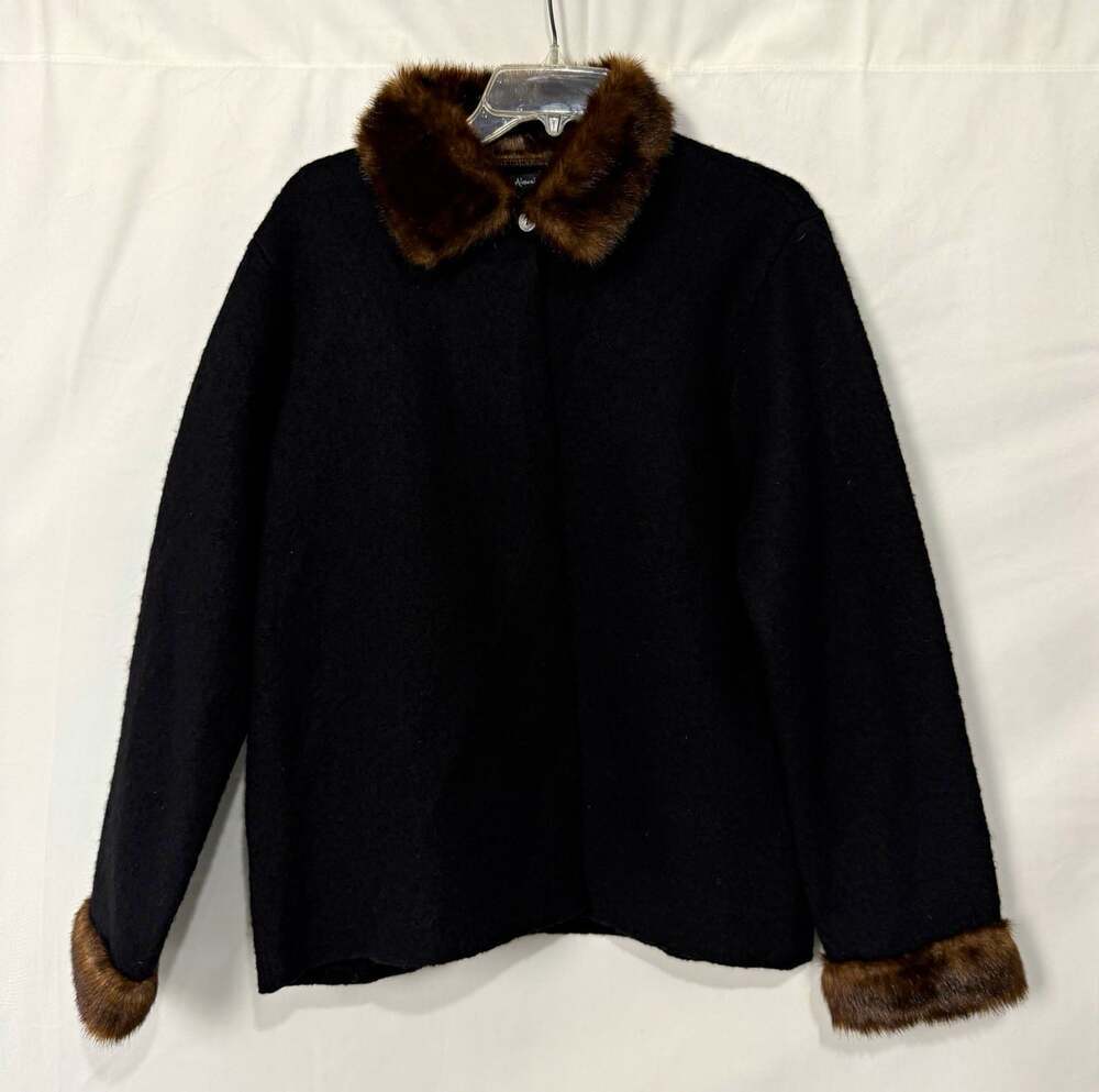 Alexandra Bartlett Womens Black 100% Wool Faux Fur Trim Button Jacket Sz L